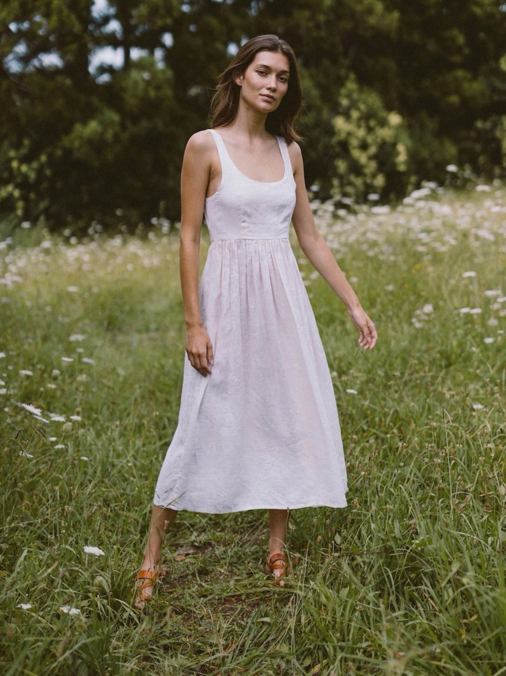 Kara Thoms the Deia Dress Sleeveless Cream Linen Maxi with Scoop Neck